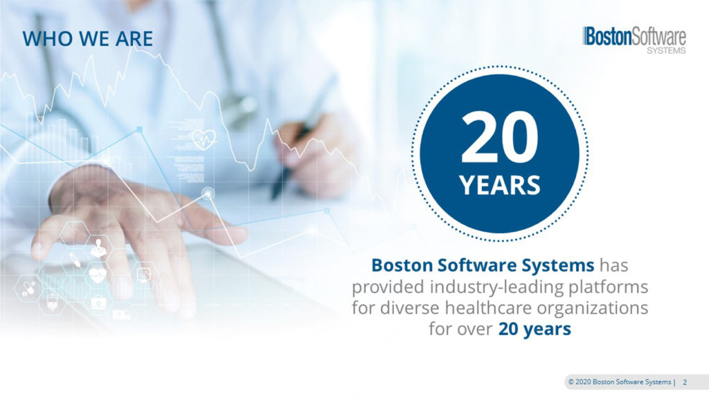 A pitch deck slide with a person in a lab coat interacts with a touch screen displaying various graphs and charts. A circular graphic reads "20 YEARS." Text below states, "Boston Software Systems has provided industry-leading platforms for diverse healthcare organizations across the Americas for over 20 years." The Boston Software Systems logo is in the top right corner.