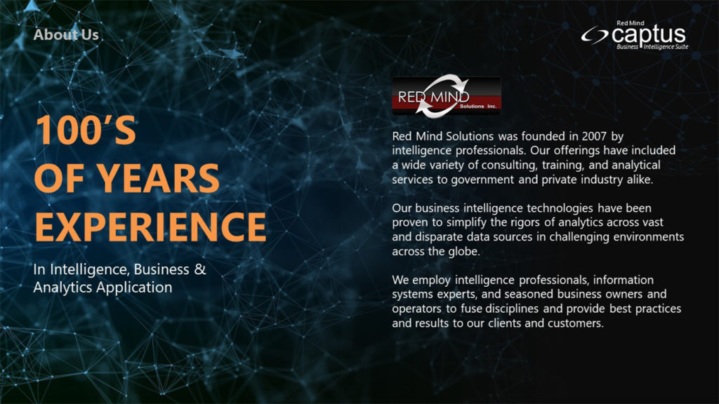 A business intelligence company pitch deck slide. The slide reads "About Us" and "100's of Years Experience In Intelligence, Business & Analytics Application." It contains details about the company, Red Mind Solutions, their mission, services, Captus Cap technology implementations.