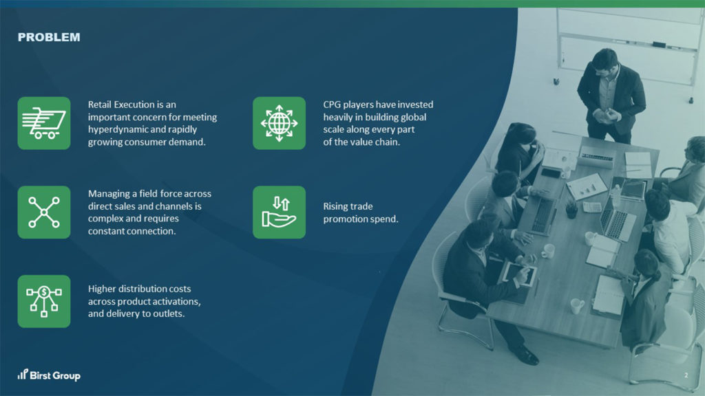 A pitch deck slide by Birst Group discussing problems in business operations. Text boxes highlight concerns: retail execution complexity, field force management, CPG player investments, rising trade promotion costs, and high distribution costs. Team collaboration is shown in an overhead photo.