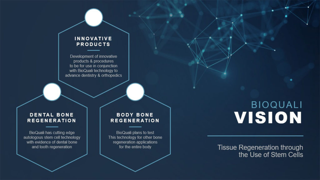 A pitch deck slide for BioQuali Vision on tissue regeneration using stem cells features three sections: "Innovative Products", "Dental Bone Regeneration", and "Body Bone Regeneration". The background displays a network pattern on the upper right corner, reflecting the advanced approach of BioQuali.