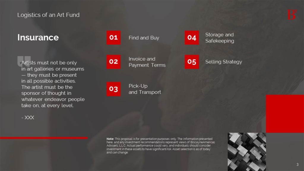 A pitch deck slide on the "Logistics of an Art Fund" outlines insurance logistics. It has five numbered sections: Find and Buy, Invoice and Payment Terms, Pick-Up and Transport, Storage and Safekeeping, and Selling Strategy. The background image shows a person holding a pen, with Biscayne’s skyline subtly visible.