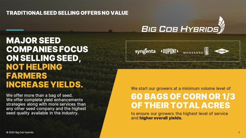 A pitch deck slide from Big Cob Hybrids highlighting their focus on helping farmers increase yields rather than just selling seeds. The image mentions major seed companies like Syngenta, DuPont, Monsanto, and Dow and promises 60 bags of corn or 1/3 of total acres to start.
