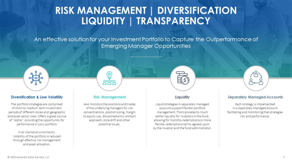A pitch deck slide by Advanced Alpha Advisors explaining an effective solution for investment portfolios. It focuses on risk management, diversification, liquidity, and separately managed accounts, highlighting strategies such as managing risk concentrations and ensuring flexible redemptions.