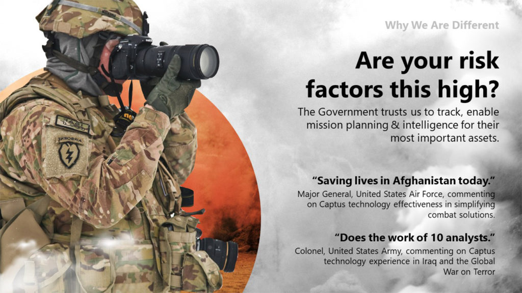 A pitch deck slide with a soldier in camouflage and protective gear uses a Captus Cap camera. The text reads "Are your risk factors this high?" with quotes from US military officials praising Captop technology for mission planning and intelligence. The text "Why We Are Different" is at the top right.