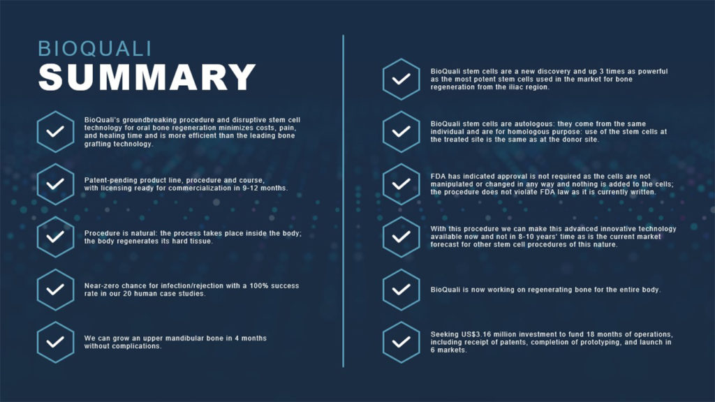 A pitch deck slide showing a summary of BioQuali's innovations and milestones. The text discusses bioengineering and stem cell technology advancements, regulatory progression, cost-effectiveness, and projected financial goals, highlighting improved treatment efficacy and reduced recovery times. The background is dark blue with white text interspersed with light blue icons representing different concepts.
