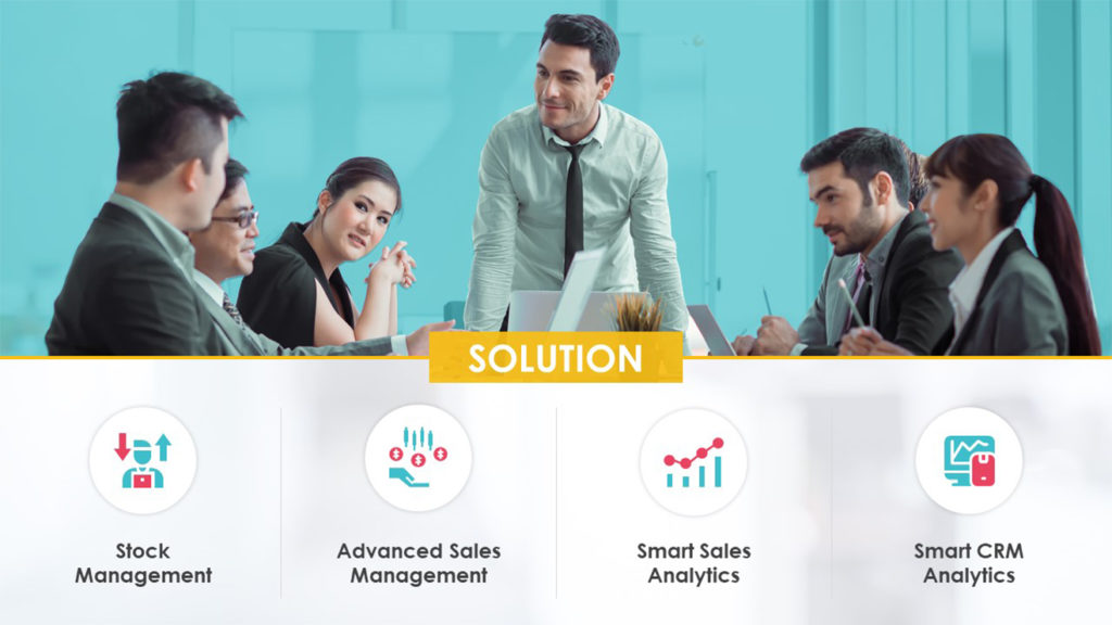 A pitch deck slide with a diverse group of professionals in business attire are sitting around a conference table, actively engaged in discussion. The word "SOLUTION" is highlighted in yellow. Icons below represent Stock Management, Advanced Sales Management, Smart Sales Analytics, and Smart CRM Analytics for always optimized performance.