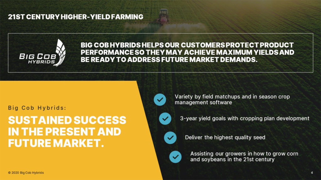 A pitch deck slide features a background image of a green field. The text highlights 21st-century high-yield farming, stating “Big Cob helps our customers protect product performance.” Additional text details their services, and the Big Cob Hybrids logo is visible.