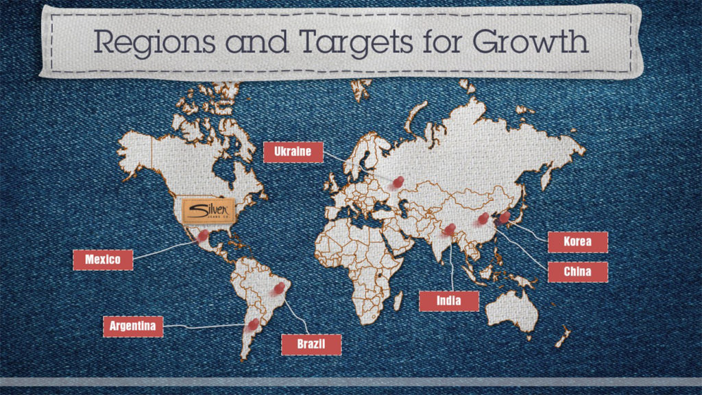 A pitch deck slide with a world map with regions marked for growth: Mexico, Brazil, Argentina, Ukraine, India, Korea, and China. The United States region is labeled "Silver." The map background resembles denim fabric with a banner at the top that reads "Regions and Targets for Growth." It's like a pair of well-worn jeans showcasing global opportunities.