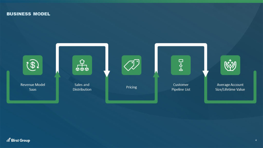 A pitch deck slide with a business model flowchart with five stages designed by Birst Group. From left to right, the stages are: "Revenue Model - SaaS," "Sales and Distribution," "Pricing," "Customer Pipeline List," and "Average Account Size/Lifetime Value." The stages are connected by green arrows.
