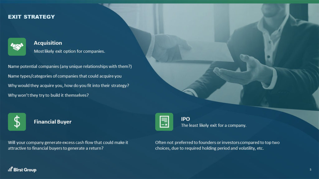 A pitch deck slide titled "Exit Strategy" blends in seamlessly illustrating three strategies: Acquisition, IPO, and Financial Buyer. The slide features text and icons against a backdrop of professionals exchanging documents. Branded with "First Group" in the lower left corner, it showcases cohesive planning.
