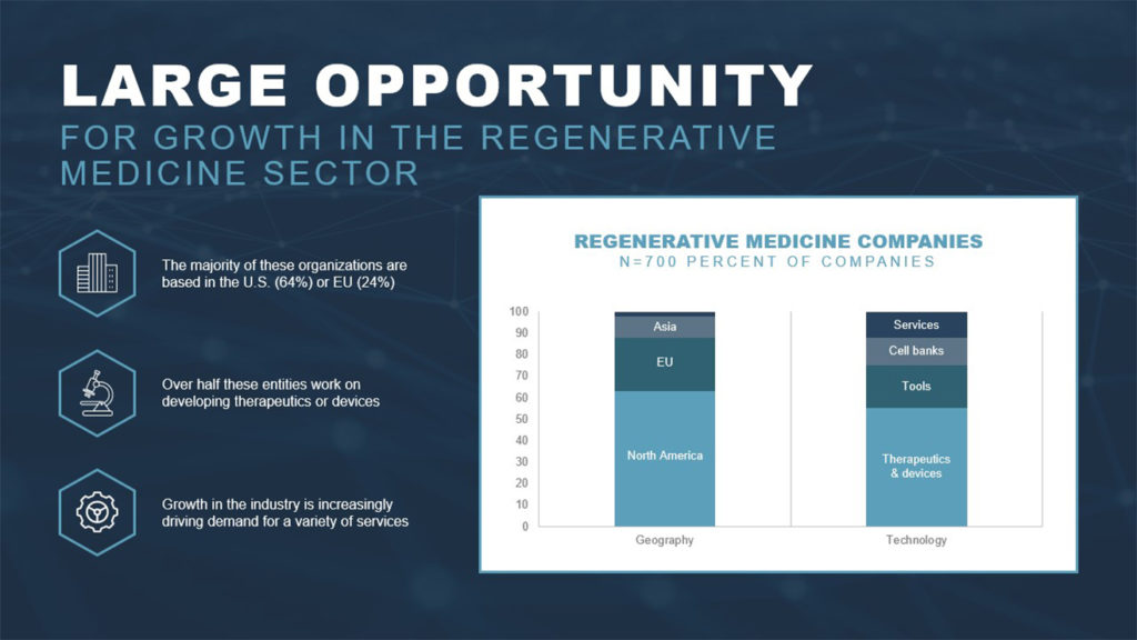 A pitch deck slide titled "Large Opportunity for Growth in the Regenerative Medicine Sector." It highlights that 64% of organizations, including industry leaders like Bioquali, are based in the US and 24% in the EU. The infographic displays graphs illustrating company focus areas: therapeutics, devices, cell banks, and tools.