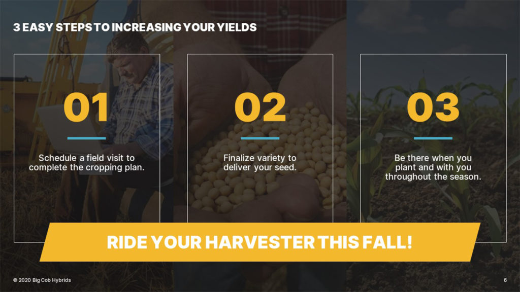A pitch deck slide titled "3 Easy Steps to Increasing Your Yields" features three steps: 1) Schedule a field visit to complete the cropping plan, 2) Finalize the variety to deliver your Big Cob seed, 3) Be there when you plant and support you throughout the season. Text reads "Ride your harvester this fall!".