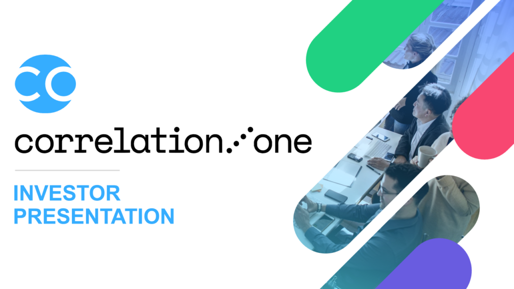 A slide from a Pitch Deck features the "Correlation One" logo on the left side with the text "INVESTOR PRESENTATION" below it. On the right side, three diagonal, rounded-edge rectangles display images of people working at a table with laptops and papers.