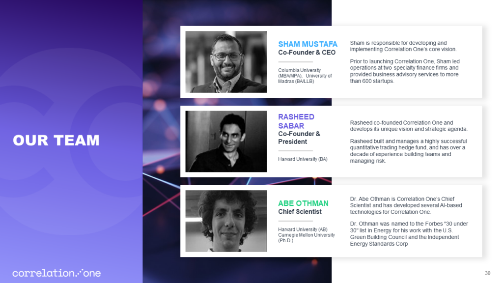 A slide from a Pitch Deck featuring the 'Our Team' section of Correlation One, spotlighting profiles of three team members: Sham Mustafa, Co-Founder & CEO; Rasheed Sabar, Co-Founder & President; and Abe Othman, Chief Scientist. The descriptions detail their roles and backgrounds.