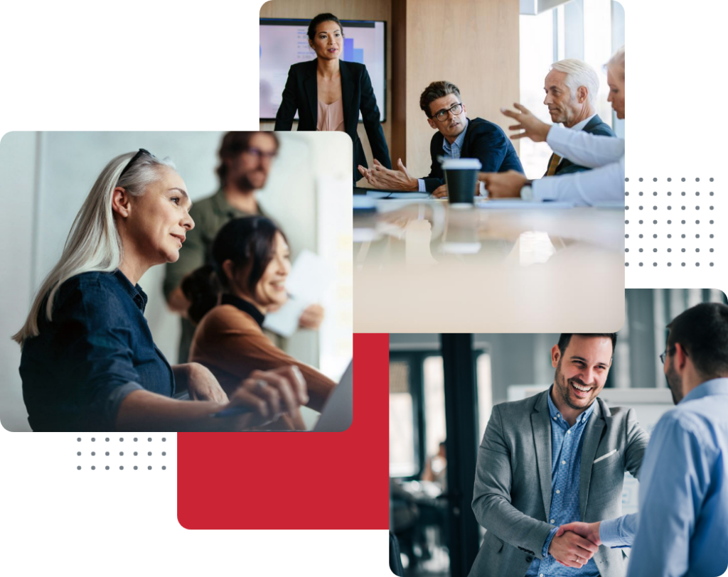 A collage of three business scenes: a woman leading a meeting, coworkers discussing at a conference table, and a man smiling while shaking hands with another person in an office.