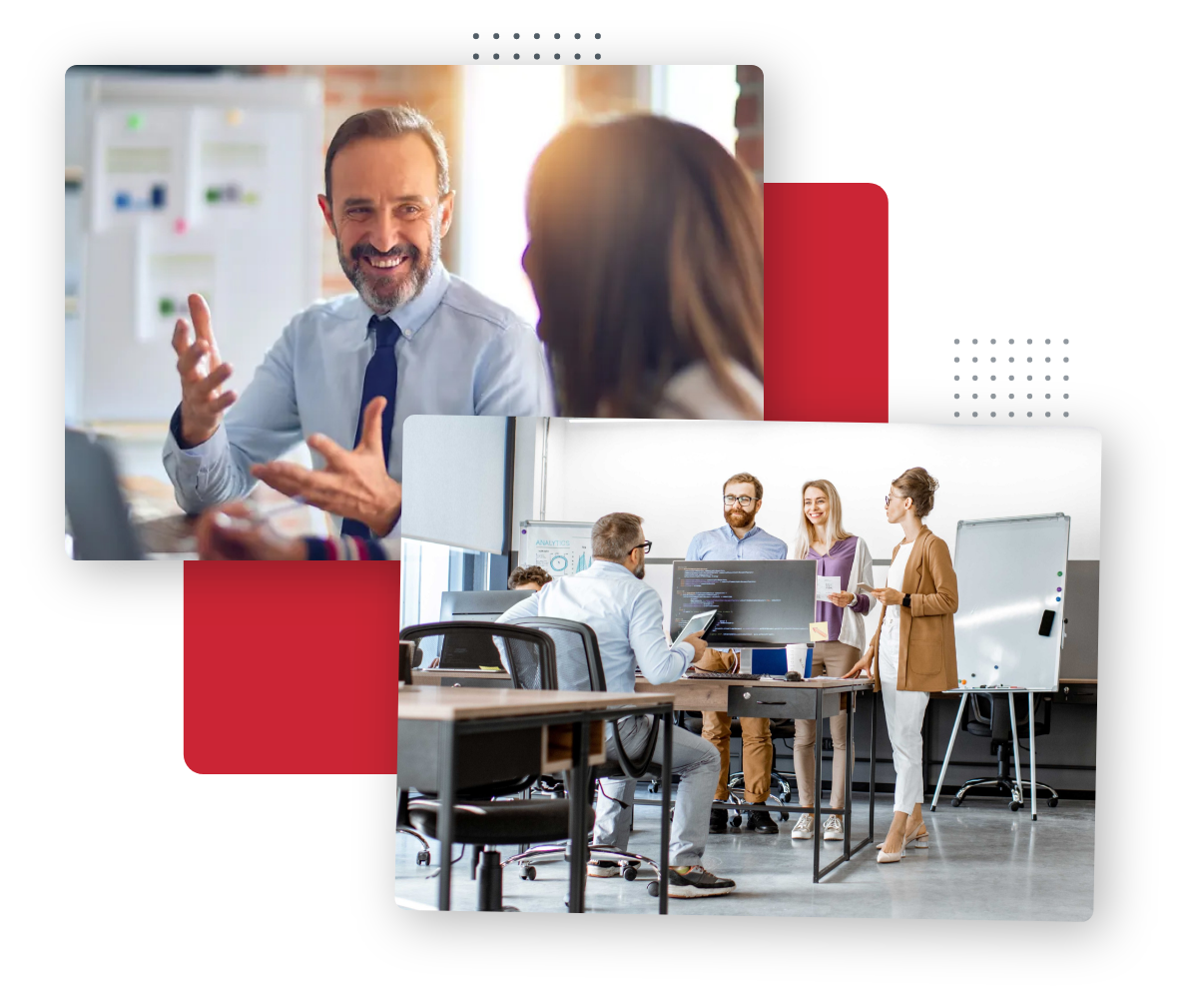 Two overlapping images: one shows a smiling small business owner gesturing while talking to a colleague in an office; the other shows a team collaborating around a computer, with a whiteboard and office equipment in the background.